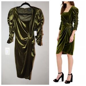 NWT Tahari Green Stretch Velvet Square-Neck Ruched-Sleeve Side Knot Dress Size 4